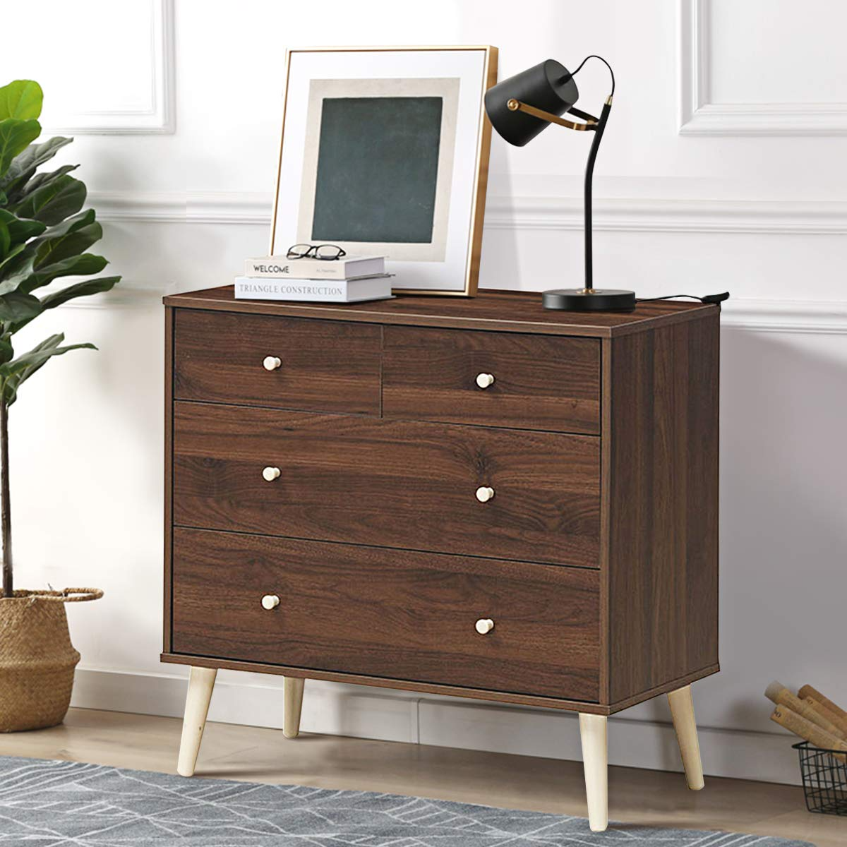 Goflame 4-Drawer Dresser, Free-Standing Chest Wood Legs and Sliding Rail