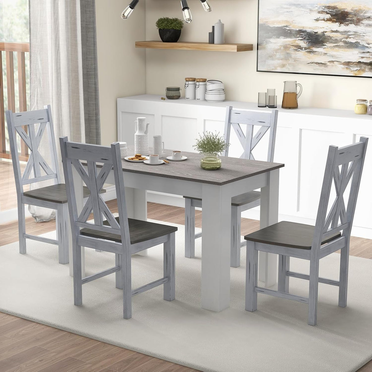 Goflame Retro Wooden Dining Chairs Set, Farmhouse Kitchen Chairs w/Rubber Wood Frame, Elegant Hollowed Backrest