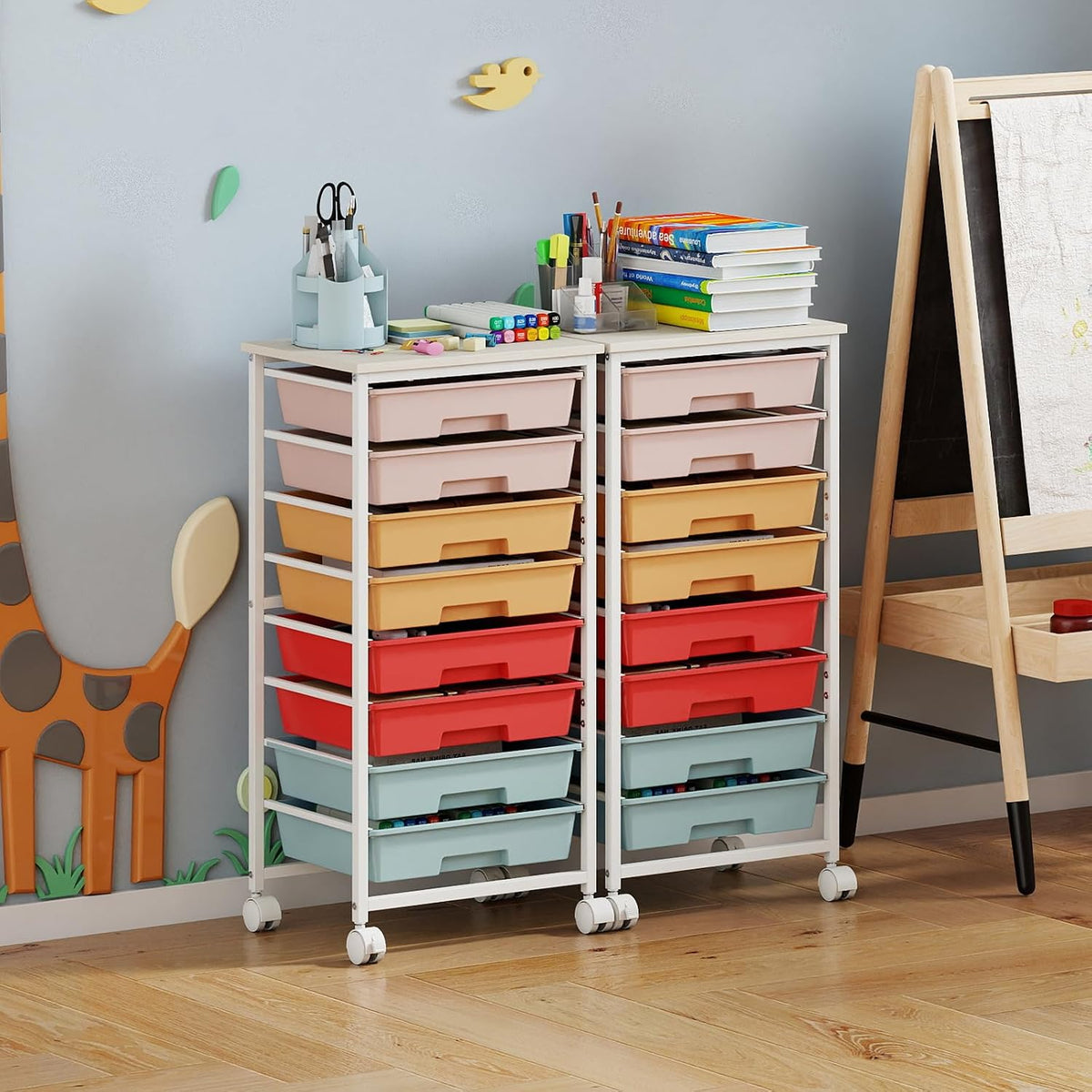 GOFLAME Rolling Storage Cart with Wooden Top, Macaron Color
