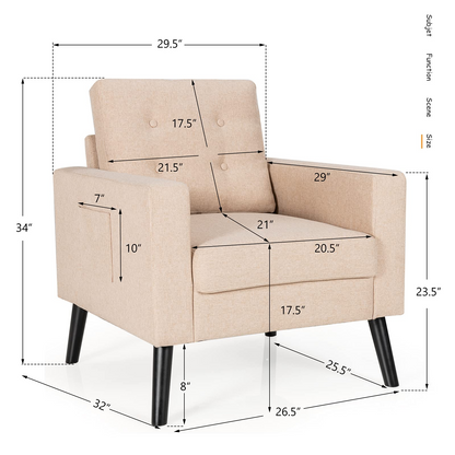 Linen Fabric Armchairs with Side Pockets and Wood Legs, Set of 2 - Goflame