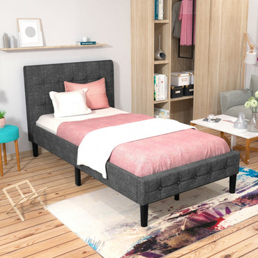 Platform Twin Bed with Button Tufted Headboard | Upholstered Bed Frame