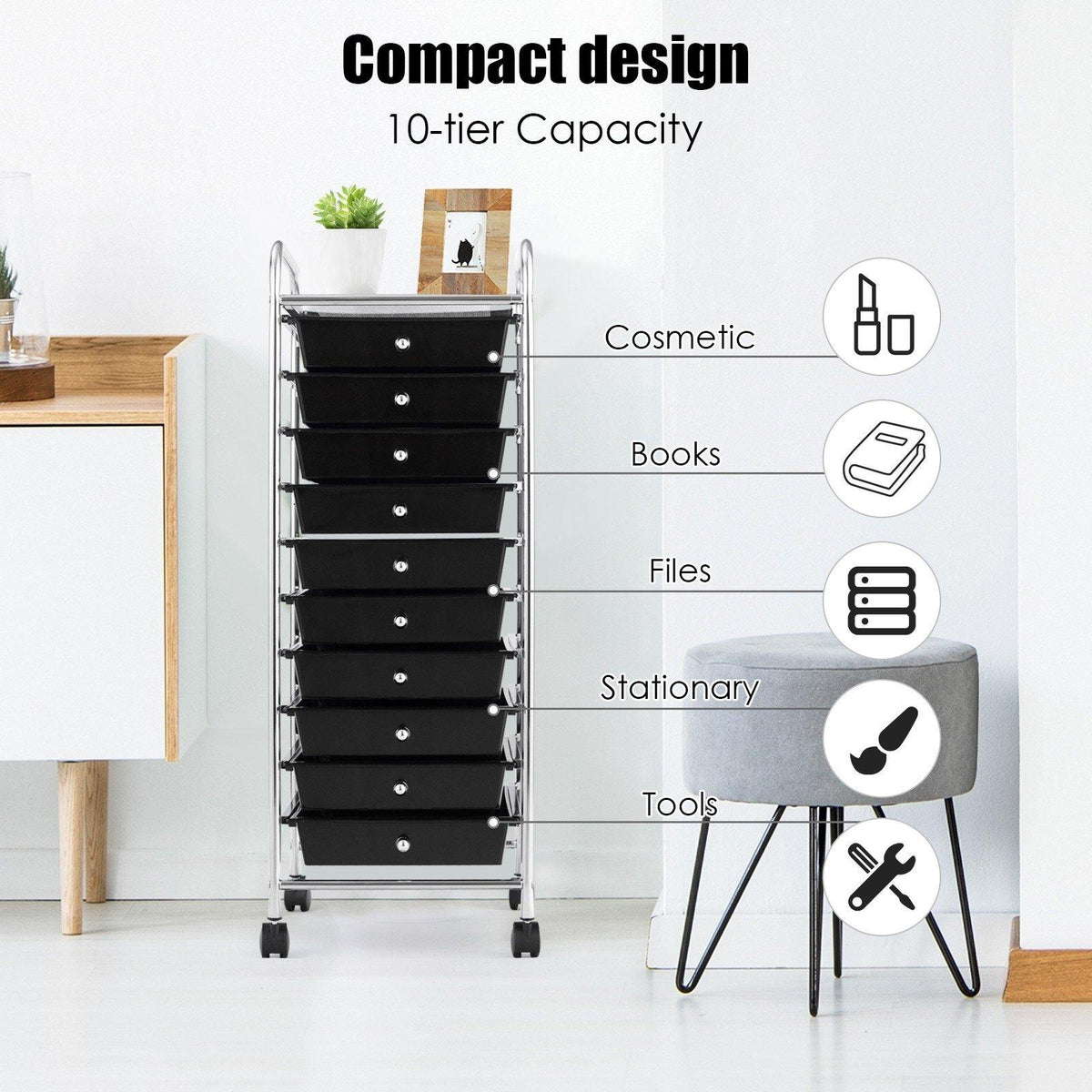 10 Drawer Rolling Storage Cart Scrapbook Paper Office School Organizer - Goflameus