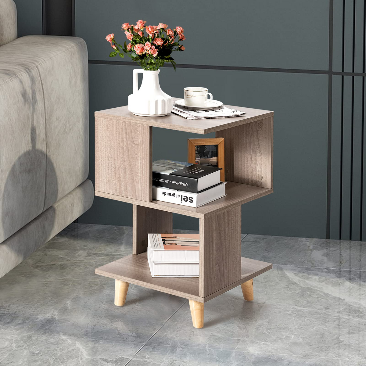 Goflame Set of 2 End Table, Wood Nightstand with Legs (Natural)