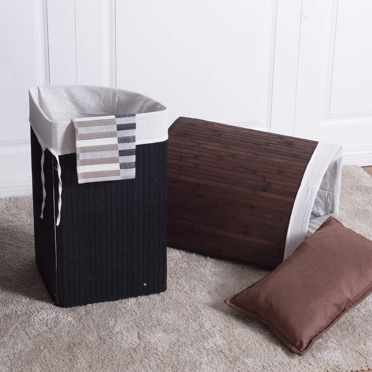 Goflame Corner Laundry Hamper with Lid, Bamboo Laundry Basket with Removable Liner and Handle