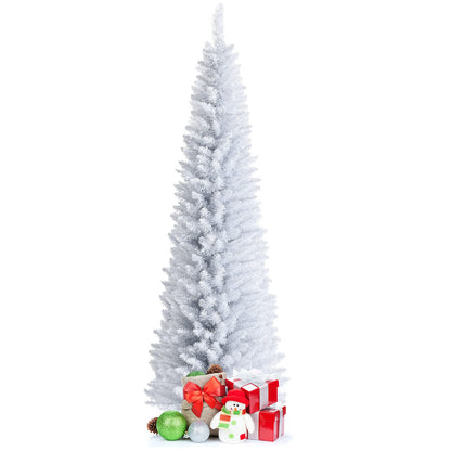 5FT / 6FT / 7FT Pencil Christmas Tree, Artificial Slim White Christmas Tree - GoflameUS