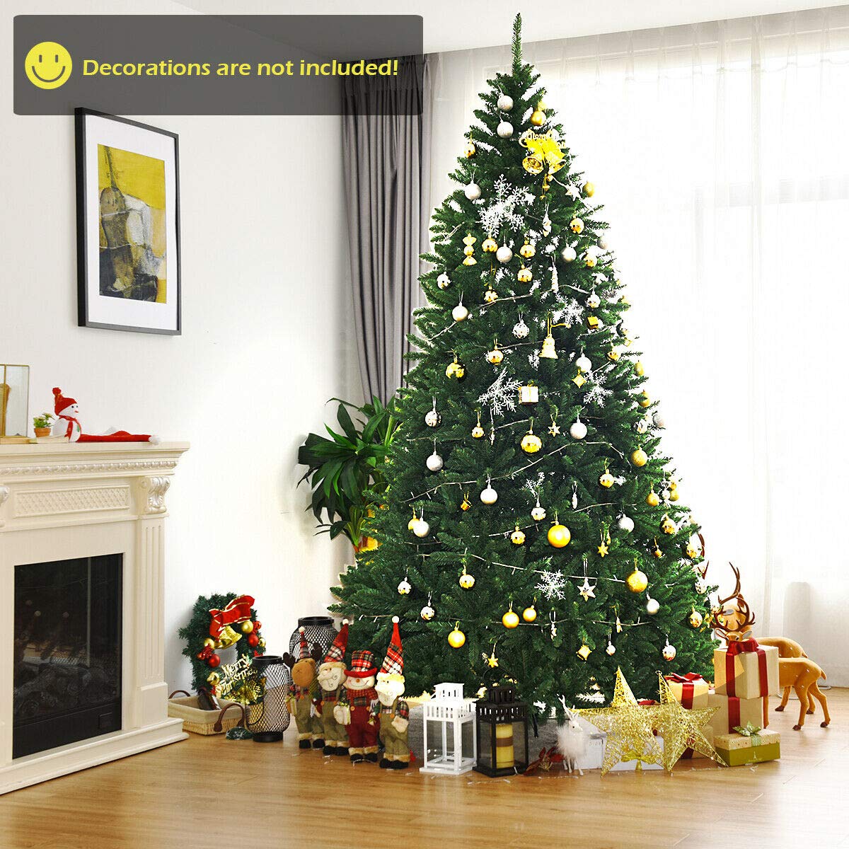 9ft Artificial Douglas Christmas Tree, Unlit Hinged Pine Tree, with 3594 Branch Tips and Solid Metal Stand - GoflameUS