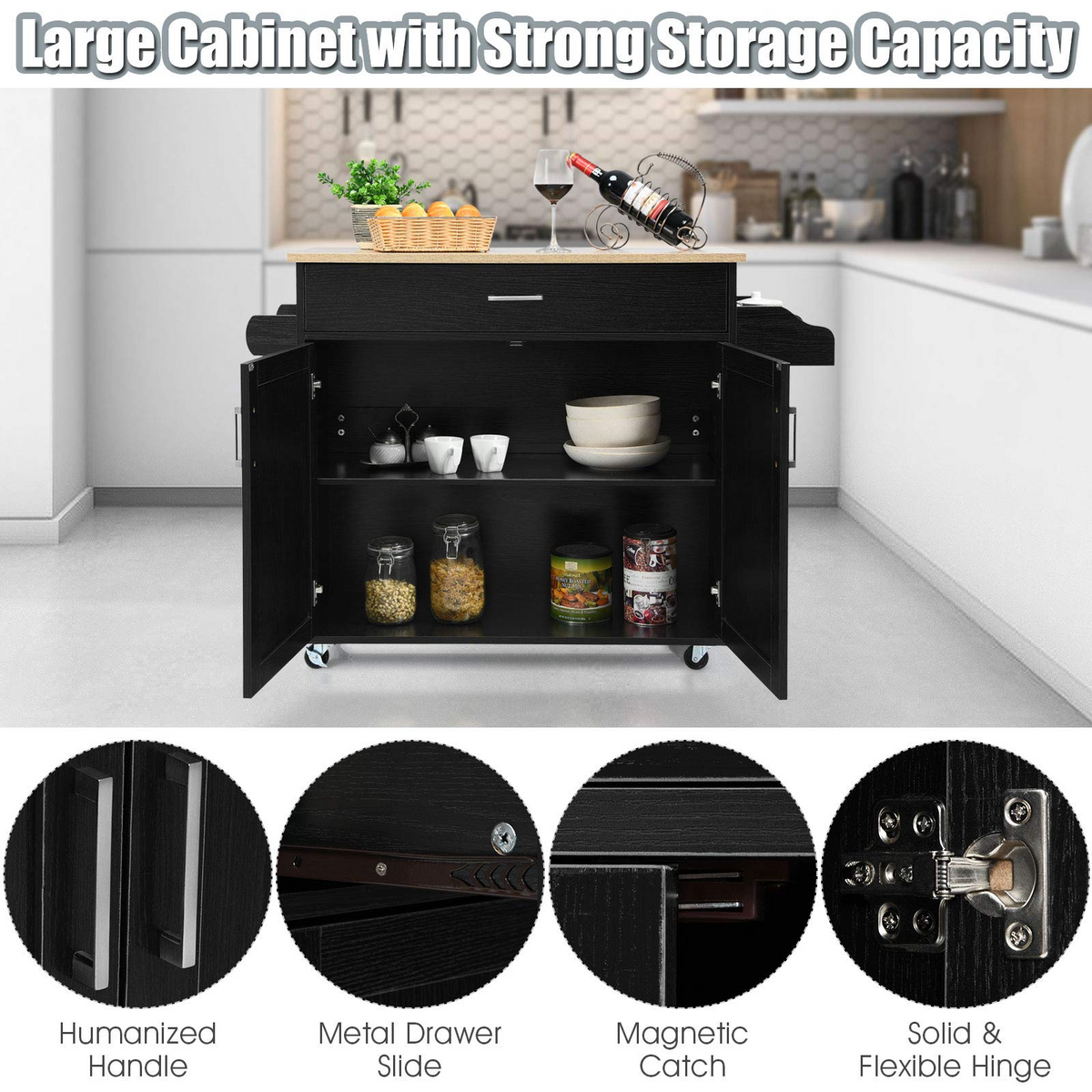 Goflame Kitchen Island, Rolling Kitchen Cart with Spice and Towel Rack, Large Drawer & 2-Door Storage Cabinet