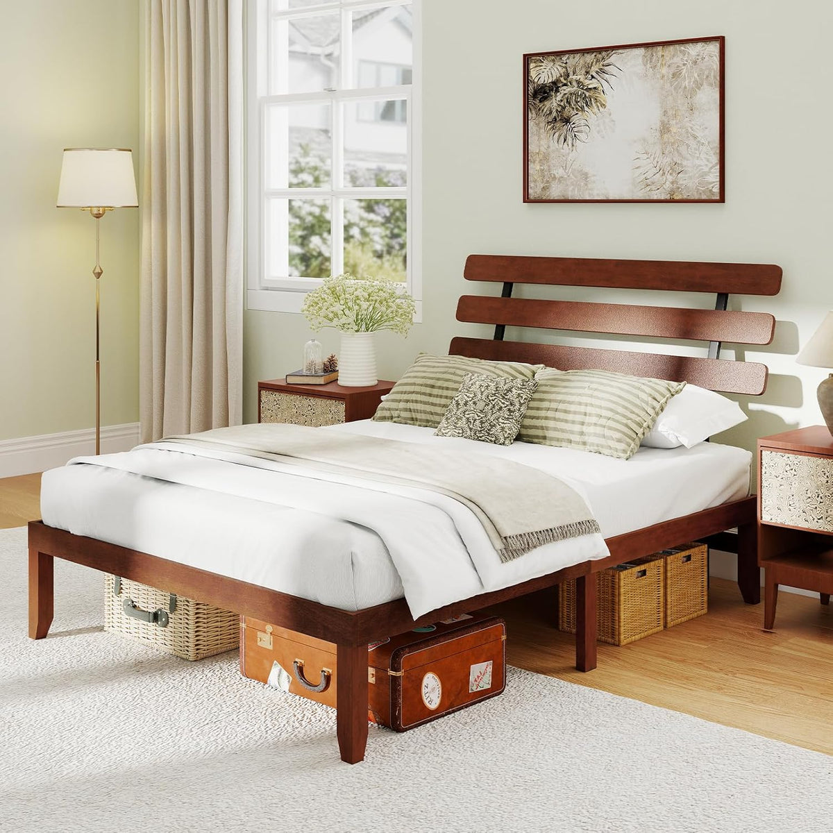 Goflame Queen/Full/Twin Size Platform Bed with Retro Headboard Mid Century Modern Bed Frame with Wood Slat Support