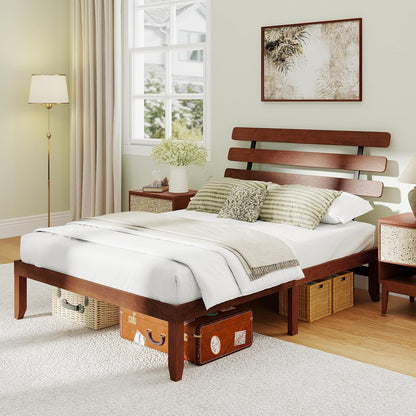 Goflame Queen/Full/Twin Size Platform Bed with Retro Headboard Mid Century Modern Bed Frame with Wood Slat Support