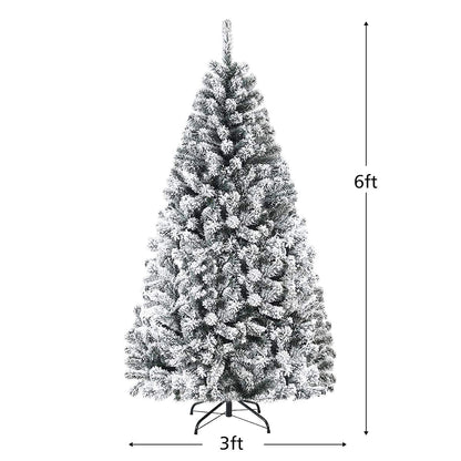 6FT/9FT Snow Flocked Christmas Tree, Hinged Pine Tree - GoflameUS
