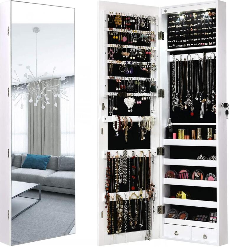 Jewelry Cabinet Wall Door Mounted, 47.5” Frameless Full Length Mirror with Storage & LED Lights