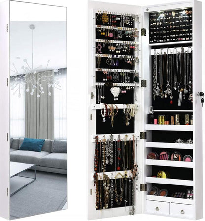 Jewelry Cabinet Wall Door Mounted, 47.5” Frameless Full Length Mirror with Storage & LED Lights
