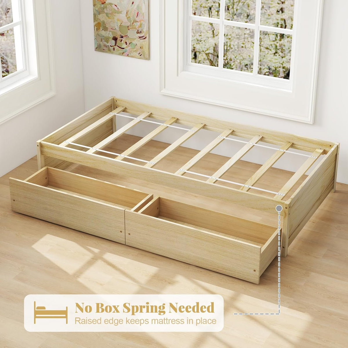 Goflame Queen/Full/Twin Size Bed Frame with 2 Storage Drawers, Solid Wood Platform Bed with Slats Support