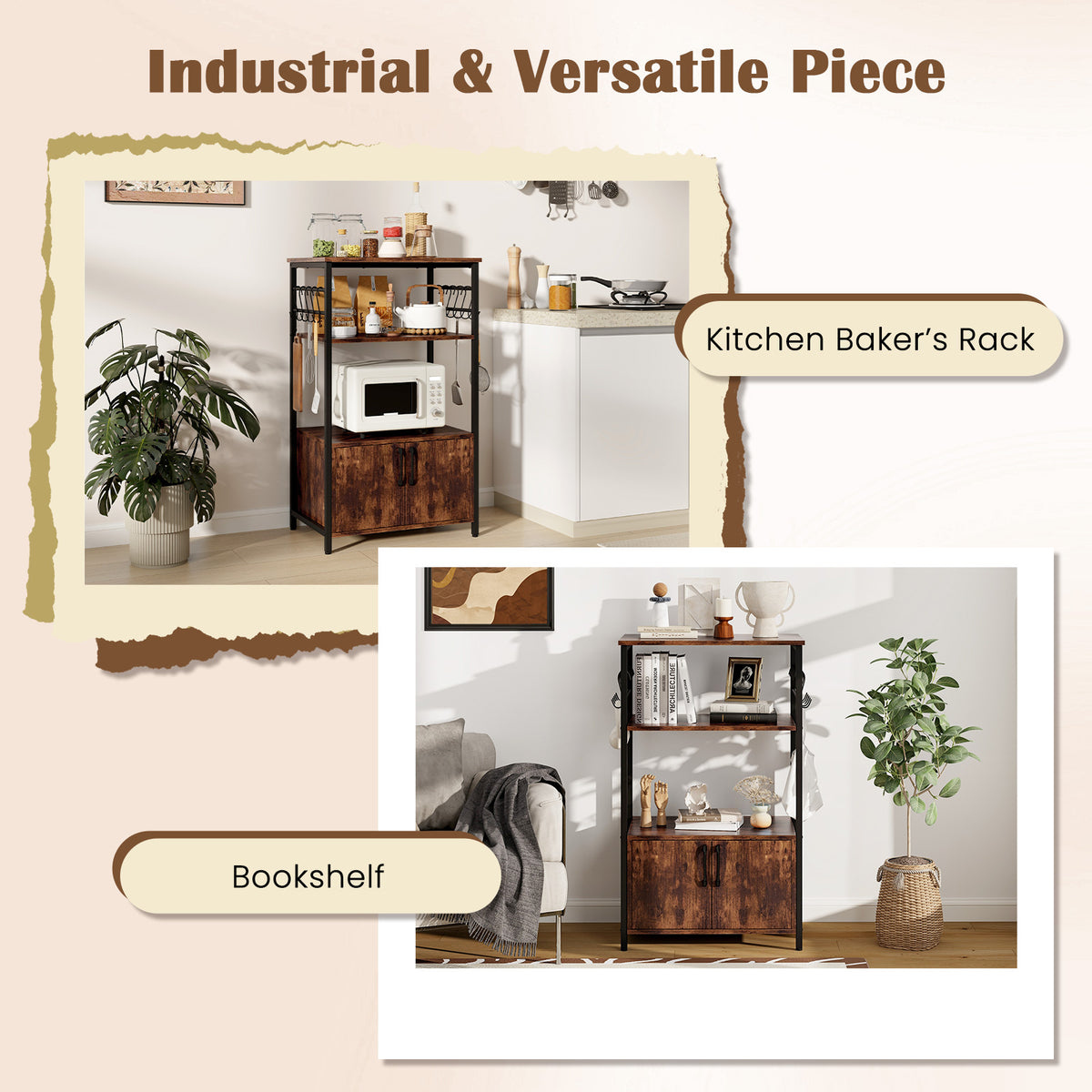 Kitchen Baker's Rack with Cabinet, 3-Tier Pantry Cabinet with 2 Open Shelves