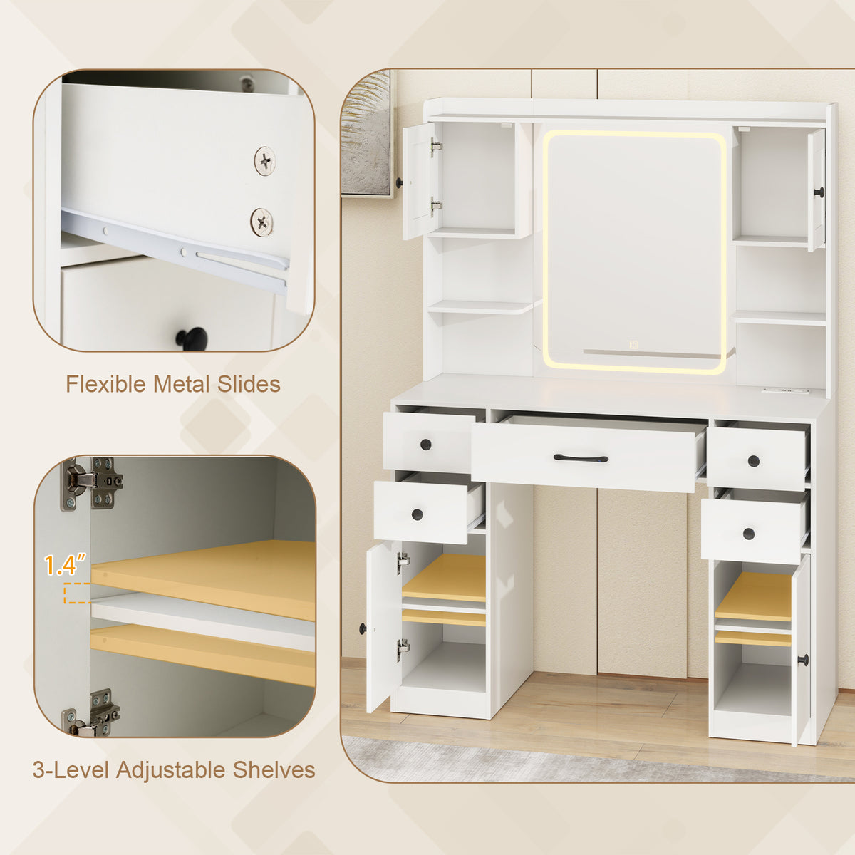 Makeup Vanity Desk with Mirror and Lights, Dressing Table with Charging Station