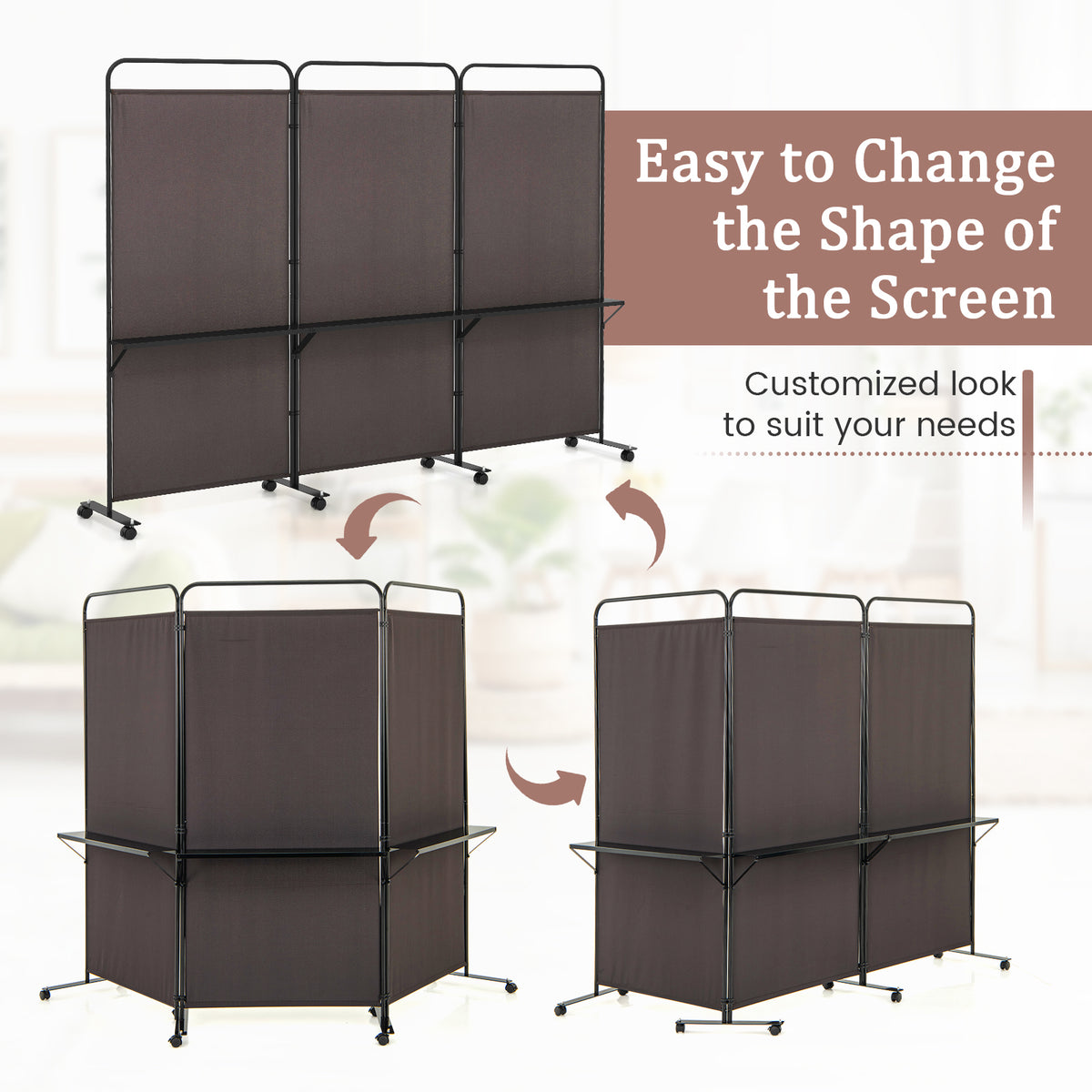 3 Panel Room Divider with Storage Shelves, 6FT Folding Privacy Screen with Lockable Wheels