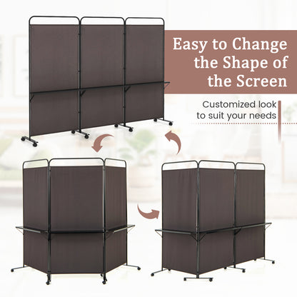 3 Panel Room Divider with Storage Shelves, 6FT Folding Privacy Screen with Lockable Wheels