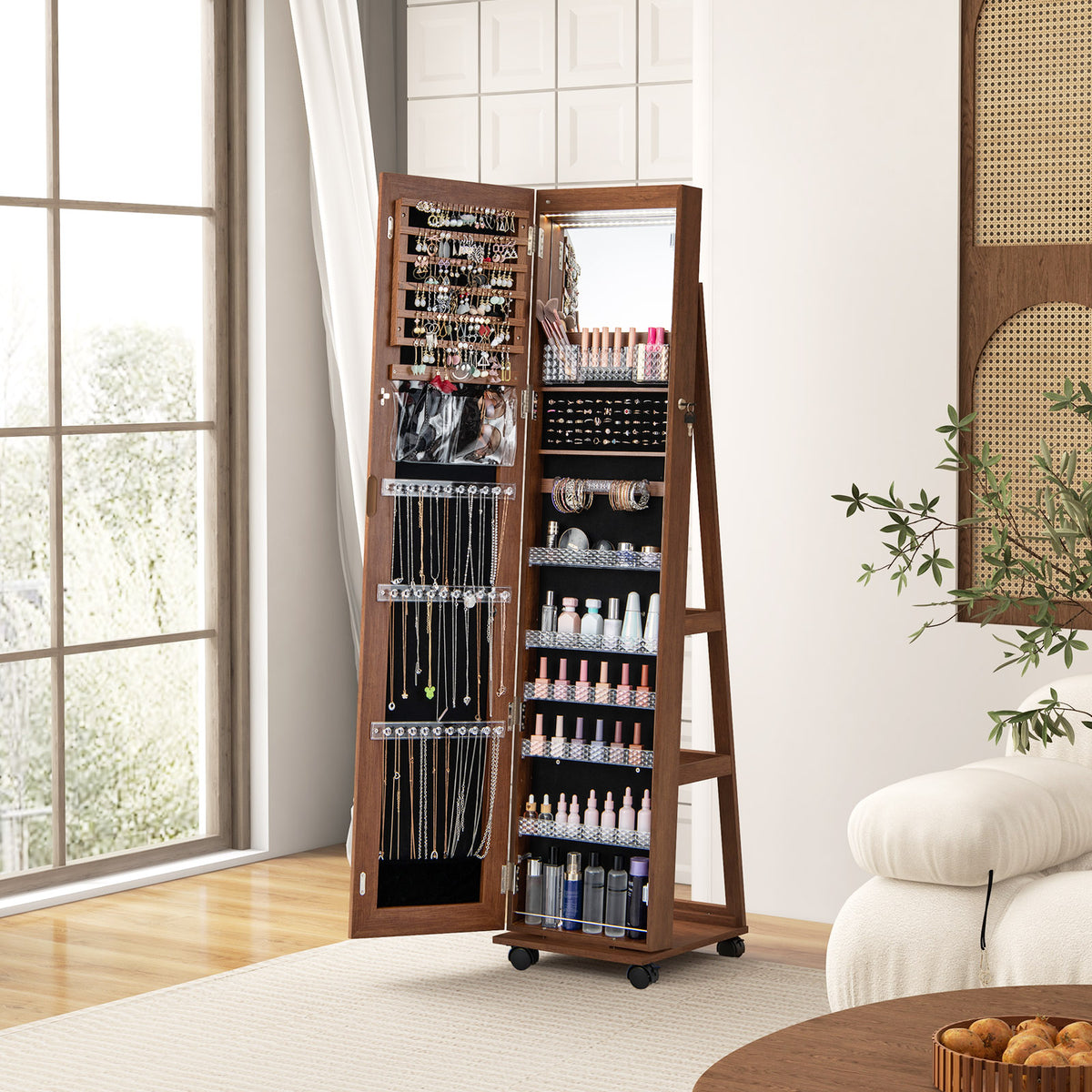 Jewelry Cabinet with Full Length Mirror, Lockable Jewelry Storage Organizer with Wheels