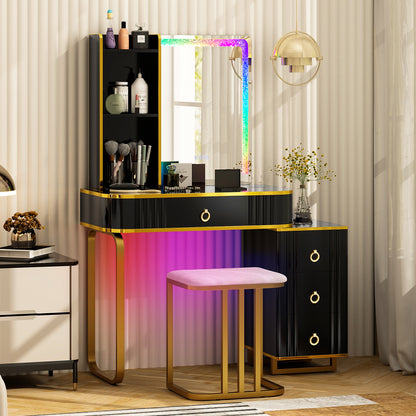 RGB Vanity Table Set with Mirror and Lights, Makeup Vanity Desk with Dimmable LED Lights