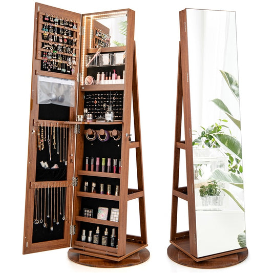360° Rotating Jewelry Cabinet with Full-Length Mirror, Freestanding Jewelry Armoire with 3-Color LED Light and Back Storage Shelf