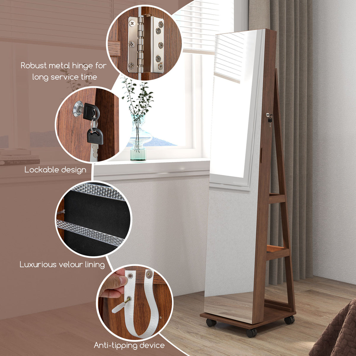 Jewelry Cabinet with Full Length Mirror, Lockable Jewelry Storage Organizer with Wheels