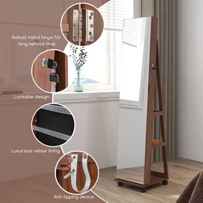 Jewelry Cabinet with Full Length Mirror, Lockable Jewelry Storage Organizer with Wheels