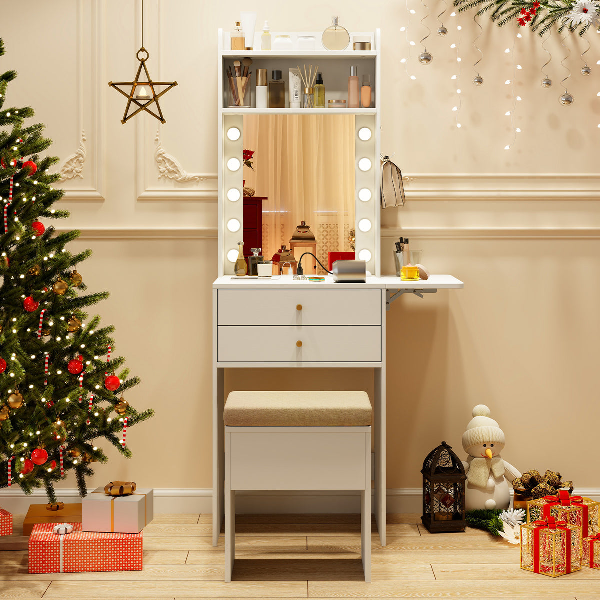 Small Makeup Vanity Set with Mirror and Lights, Modern Compact Vanity Desk Set with Charging Station