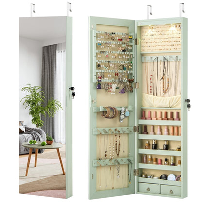 Jewelry Cabinet Wall Door Mounted, 47.5” Frameless Full Length Mirror with Storage & LED Lights