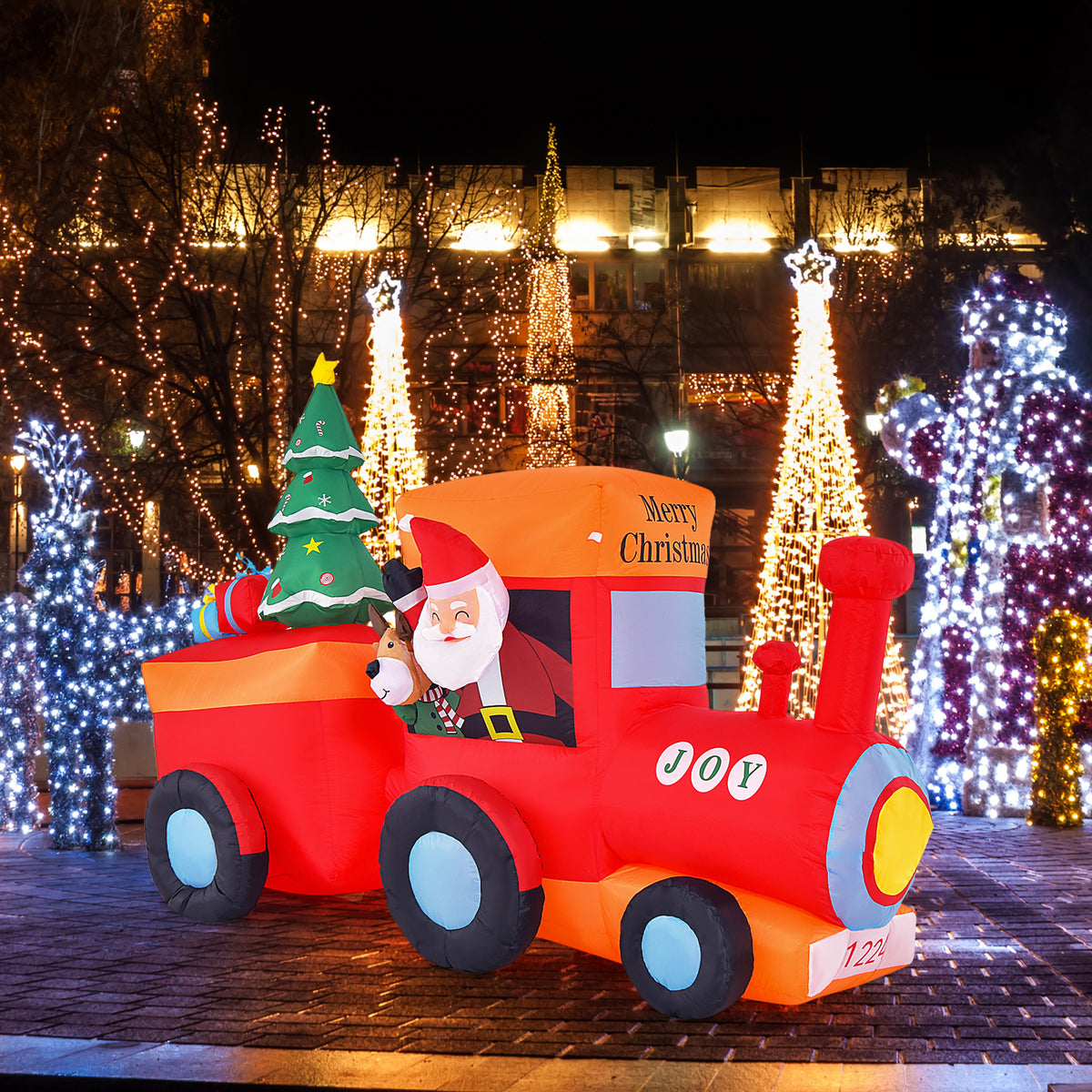 8.5FT Christmas Inflatable Train Decoration, Lighted Christmas Train with Santa Claus