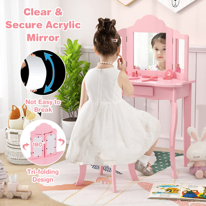Wooden Vanity Table with Tri-Folding Mirror and Stool for Kids, Writing Table with Detachable Top and Large Capacity Drawer
