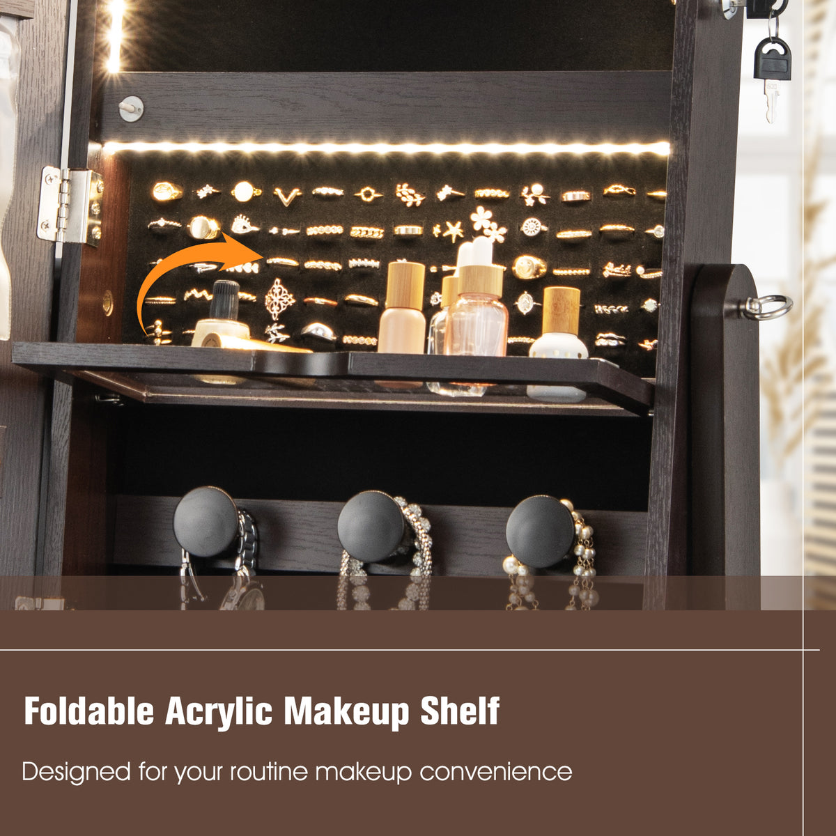 Standing Jewelry Cabinet Armoire with Wheels, Lockable Jewelry Storage Organizer with Full Length Mirror