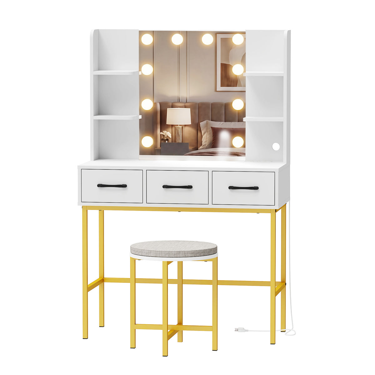 Vanity Desk with Lights & Charging Station, White & Gold Makeup Vanity with Chair