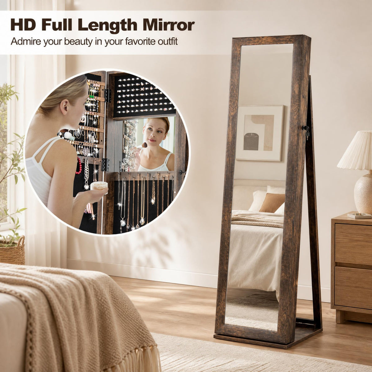 Jewelry Cabinet with Full-length Mirror, Jewelry Storage Organizer with Makeup Mirror
