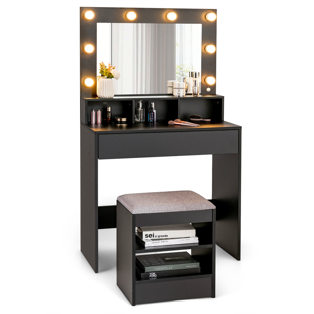 Vanity Table Set with Lighted Mirror, Makeup Dressing Desk with LED Lights