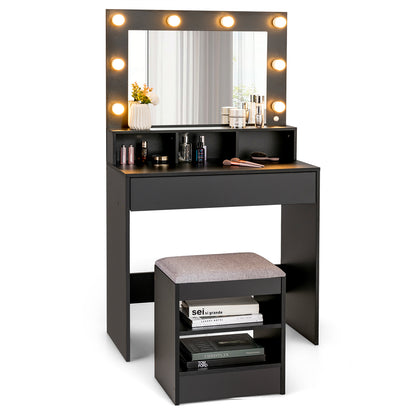 Vanity Table Set with Lighted Mirror, Makeup Dressing Desk with LED Lights