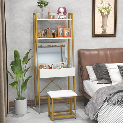 Vanity Table Set with Flip Top Mirror, Ladder Vanity Desk and Cushioned Stool Set with Shelves and Hidden Storage Compartments