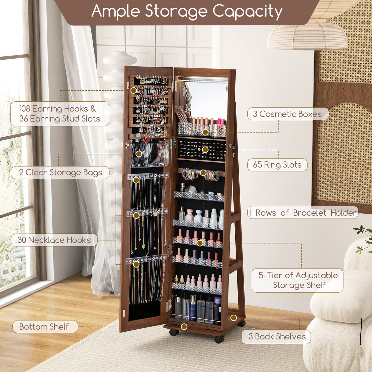 Jewelry Cabinet with Full Length Mirror, Lockable Jewelry Storage Organizer with Wheels