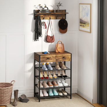 Coat Rack Shoe Storage Set, 396 Lbs Industrial Hall Tree Entryway Table Set with 4-Tier Shoe Storage