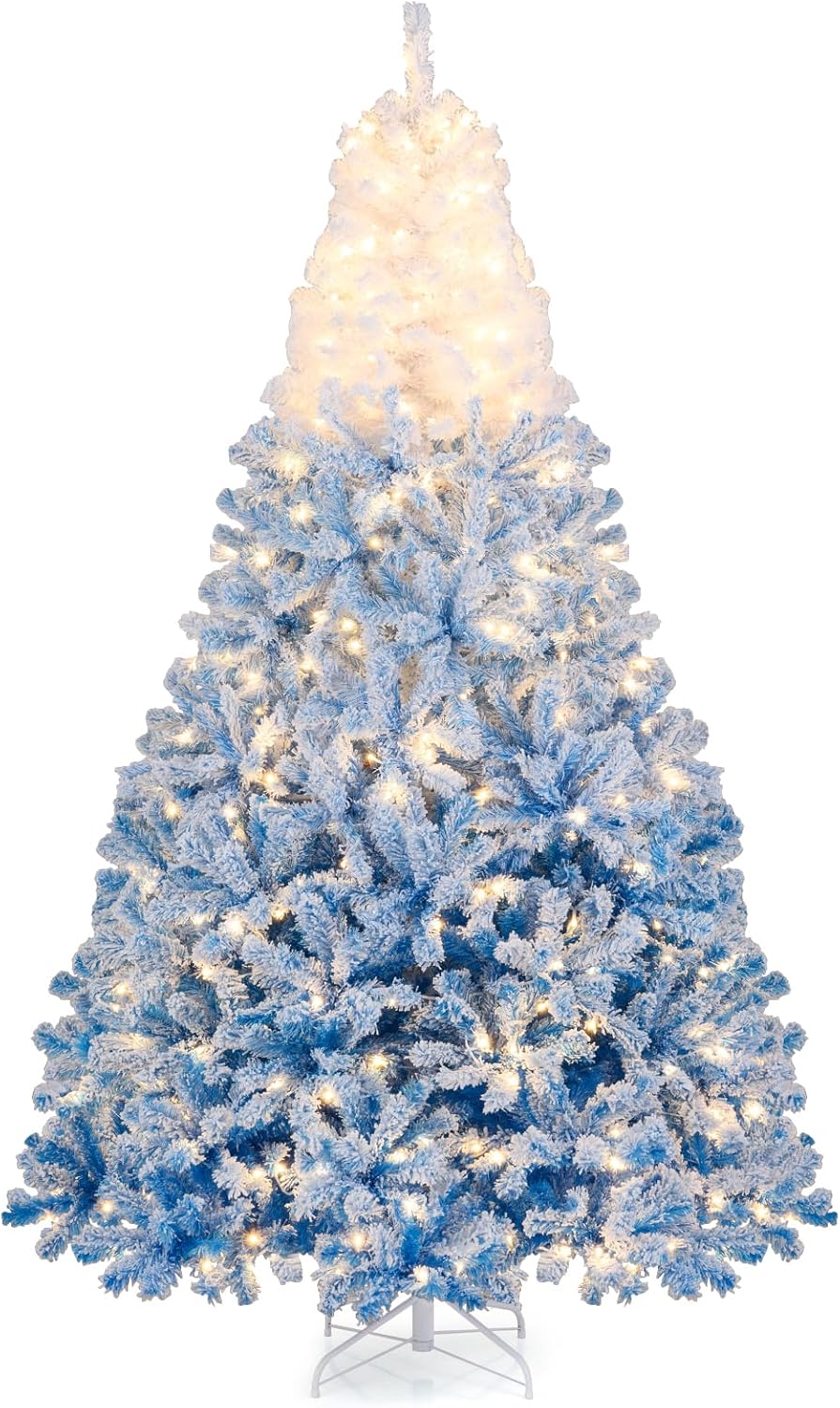 Goflame Pre-Lit Snow Flocked Christmas Tree | Artificial Hinged Xmas Full Tree