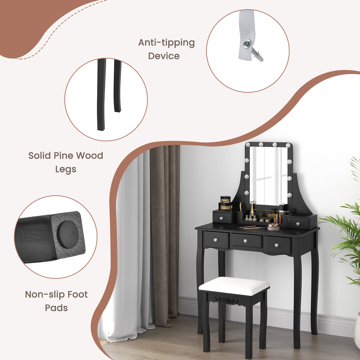 Vanity Table Set with Lighted Rotatable Mirror, Makeup Table with 3-Color Lights
