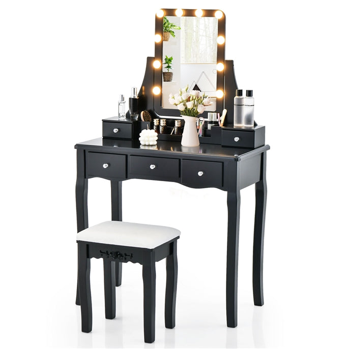 Vanity Table Set with Lighted Rotatable Mirror, Makeup Table with 3-Color Lights