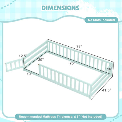 Goflame Floor Bed with Door & Fence Kids Wood Montessori Beds with Safety Guardrails