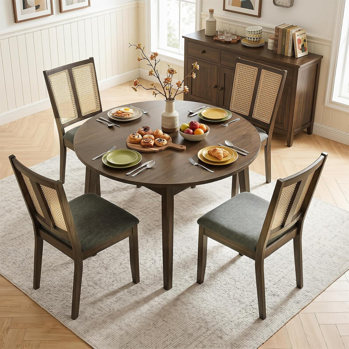 Goflame Rattan Dining Chairs Farmhouse Upholstered Kitchen Chairs | Boho Dining Room Chair w/Curved Backrest & Padded Seat