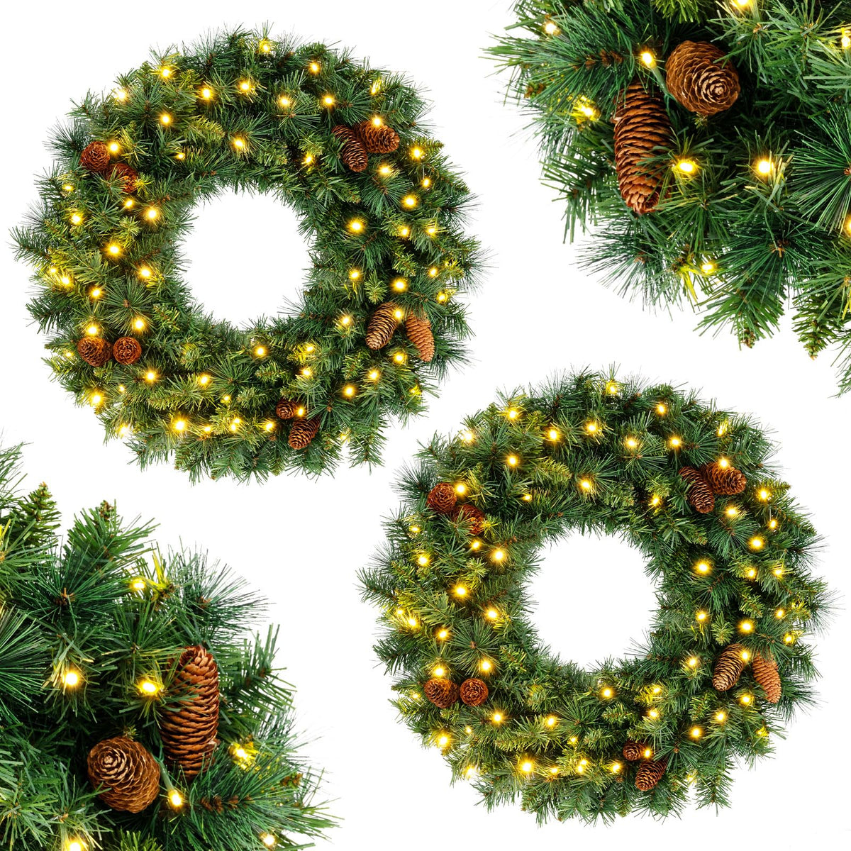 GOFLAME 24” Christmas Wreath with 10 Pine Cones and 50 LED Lights (Green)