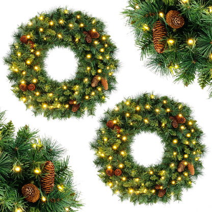 GOFLAME 24” Christmas Wreath with 10 Pine Cones and 50 LED Lights (Green)