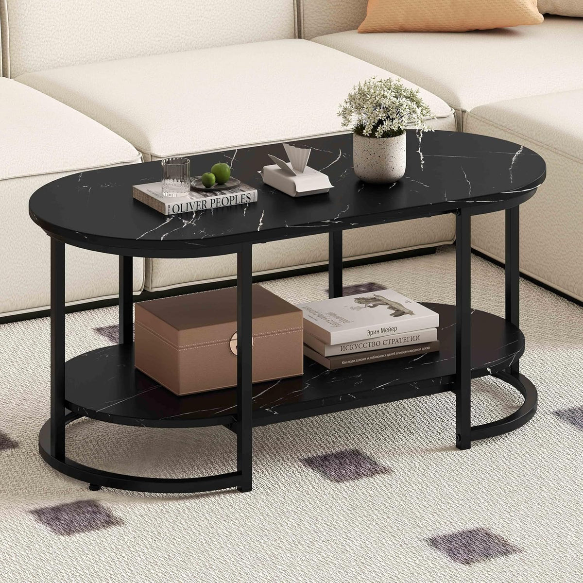 Goflame White Marble Coffee Table - Modern 2-Tier Center Table w/Open Storage Shelf