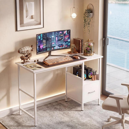 Goflame White Computer Desk, Writing Desk w/Open Shelf and Storage Drawer