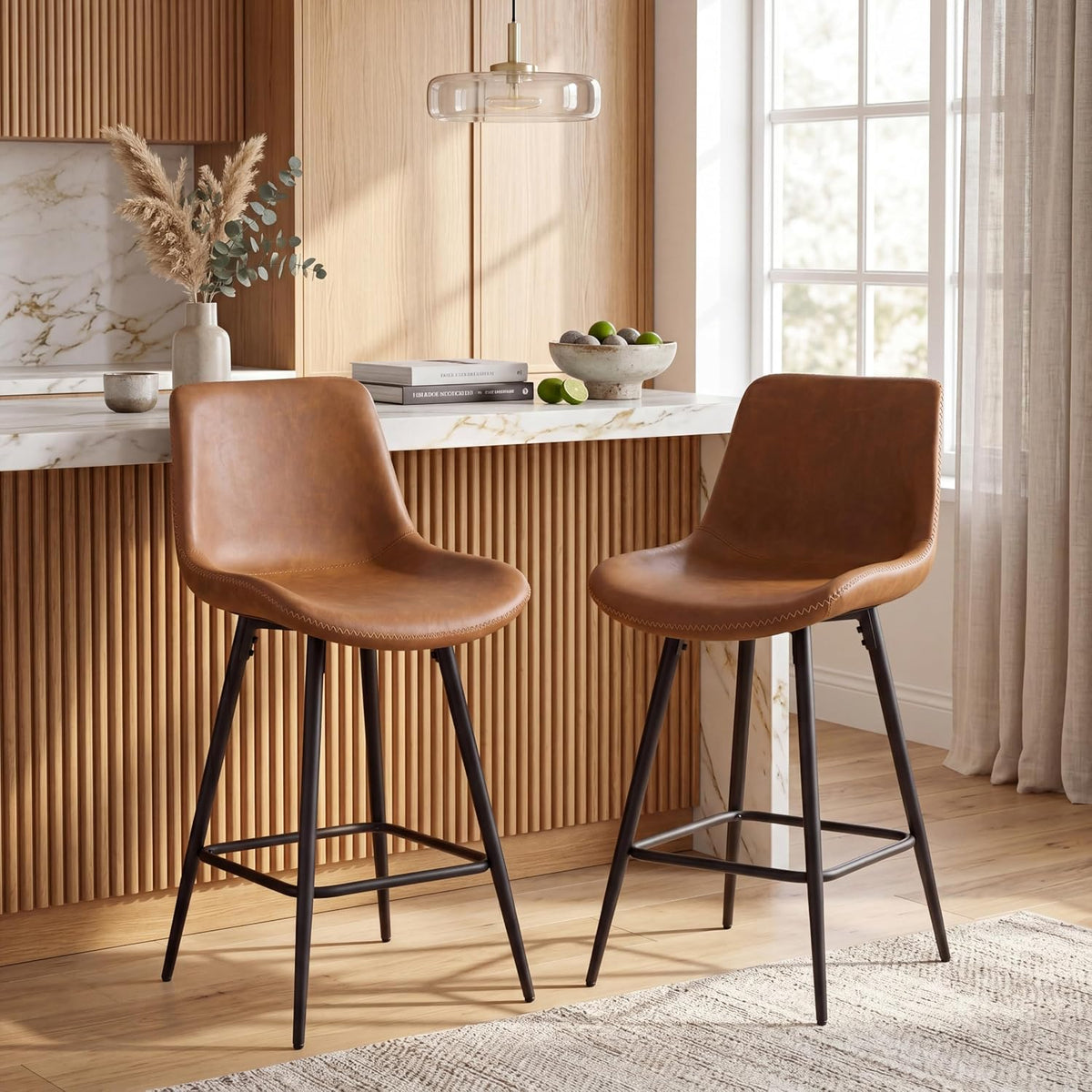 Goflame 24 Inch Faux Leather Upholstered Bar Stools Set of 2 | Counter Height Barstool with Backs & Footrests