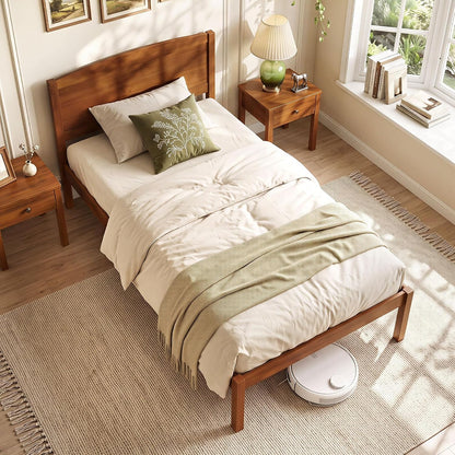 Goflame Wooden Bed Frame with Curved Headboard, Wood Slat Support | Farmhouse Platform Bed w/Heavy Duty Mattress Foundation