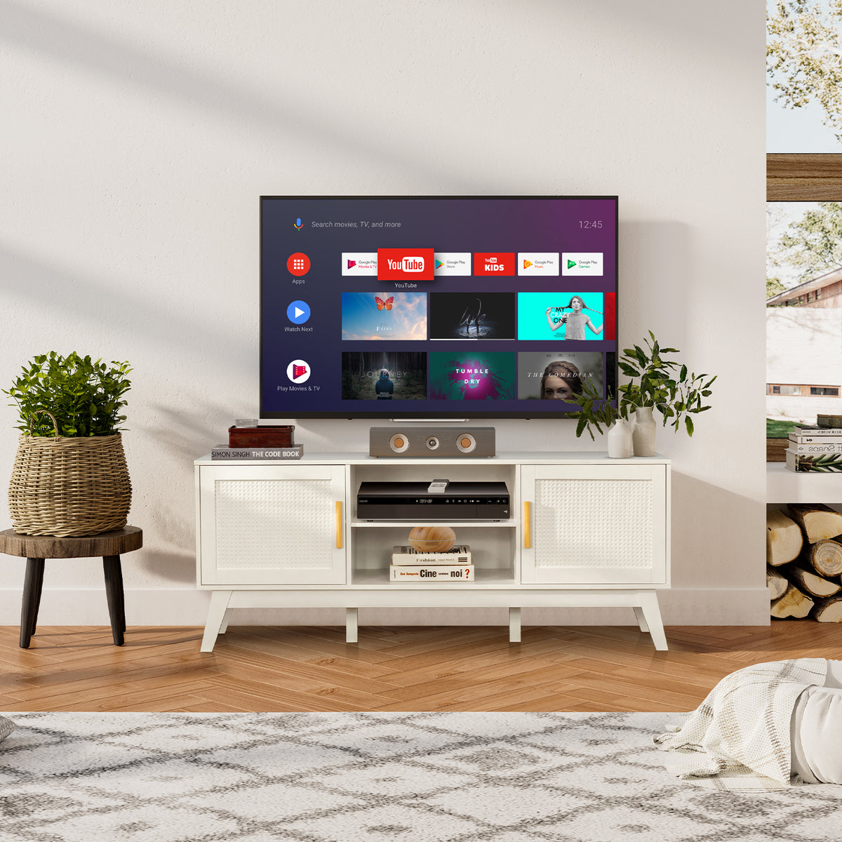 Rattan TV Stand for TVs up to 65 Inch, Modern Entertainment Center with Storage Cabinet